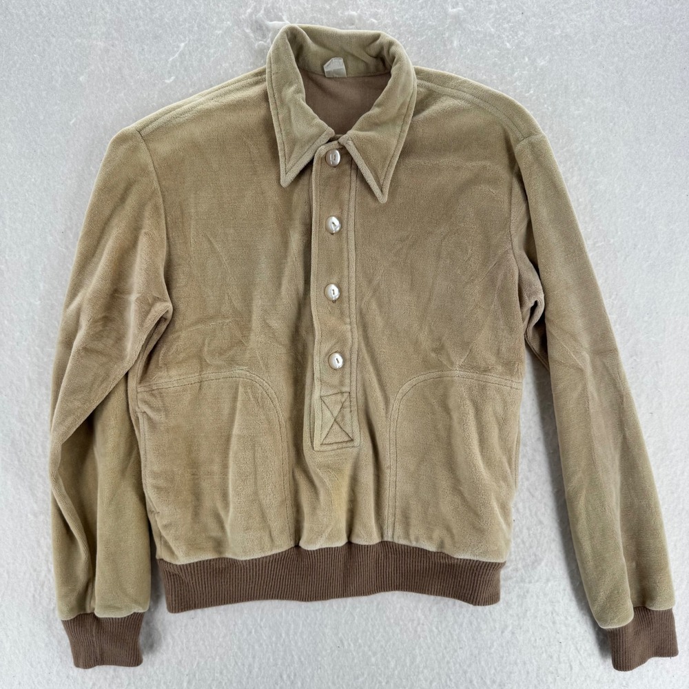 Unbranded - VTG Velour Pullover Button Neck Sweatshirt - Tan - M - Mens